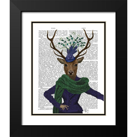 Deer and Fascinator Black Modern Wood Framed Art Print with Double Matting by Fab Funky