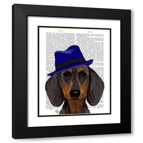 Dachshund With Blue Trilby Black Modern Wood Framed Art Print with Double Matting by Fab Funky
