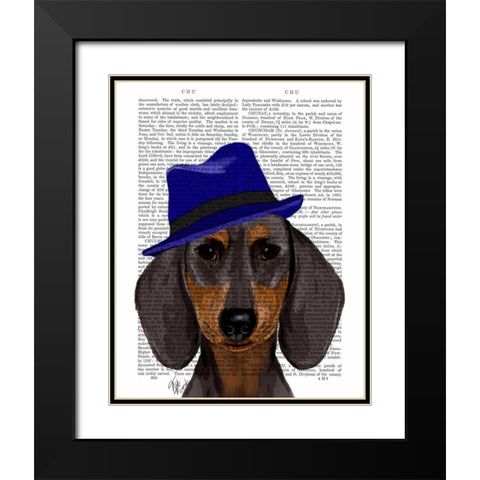 Dachshund With Blue Trilby Black Modern Wood Framed Art Print with Double Matting by Fab Funky