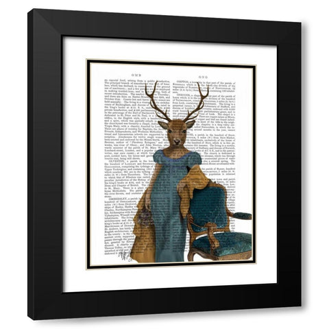 Deer In Blue Dress Black Modern Wood Framed Art Print with Double Matting by Fab Funky