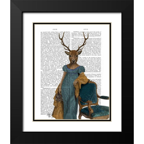 Deer In Blue Dress Black Modern Wood Framed Art Print with Double Matting by Fab Funky