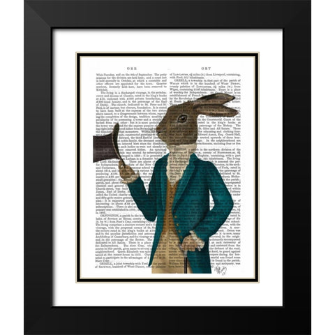 Hare In Turquoise Coat Black Modern Wood Framed Art Print with Double Matting by Fab Funky