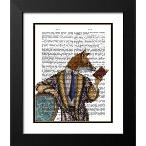 Book Reader Fox Black Modern Wood Framed Art Print with Double Matting by Fab Funky