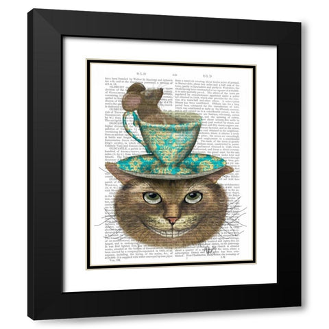 Cheshire Cat with Cup on Head Black Modern Wood Framed Art Print with Double Matting by Fab Funky