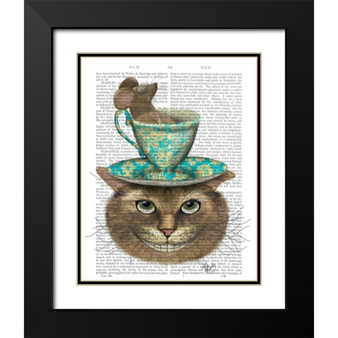 Cheshire Cat with Cup on Head Black Modern Wood Framed Art Print with Double Matting by Fab Funky