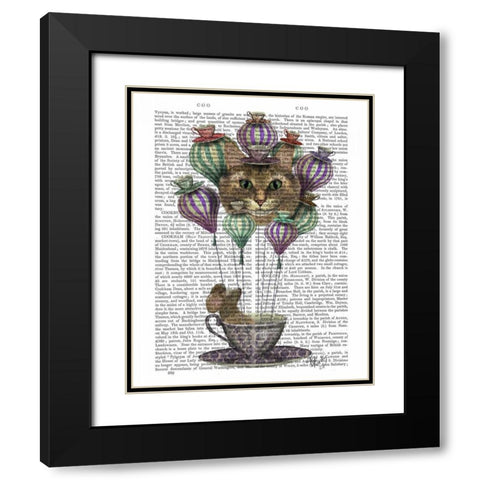 Cheshire Cat Hot Air Balloon Black Modern Wood Framed Art Print with Double Matting by Fab Funky