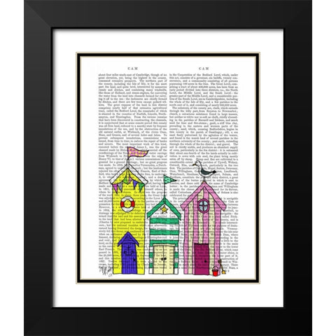 Beach Huts 1 Illustration Black Modern Wood Framed Art Print with Double Matting by Fab Funky