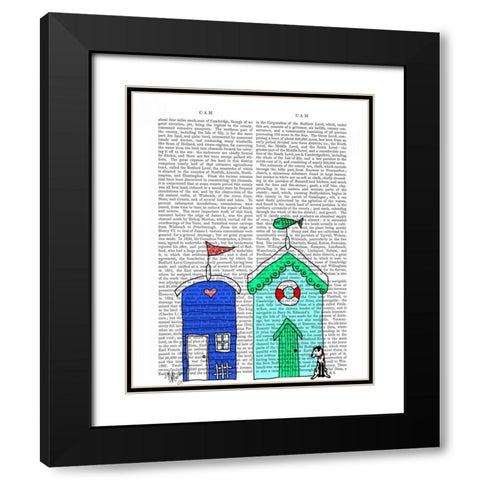 Beach Huts 2 Illustration Black Modern Wood Framed Art Print with Double Matting by Fab Funky