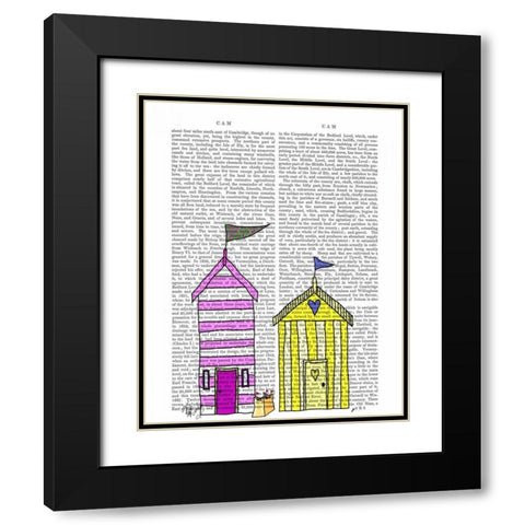 Beach Huts 3 Illustration Black Modern Wood Framed Art Print with Double Matting by Fab Funky