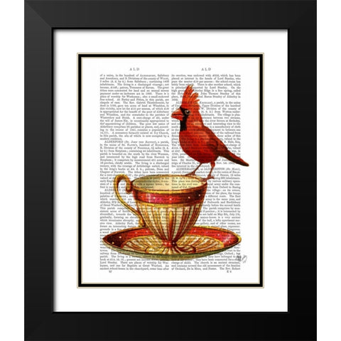 Teacup And Red Cardinal Black Modern Wood Framed Art Print with Double Matting by Fab Funky