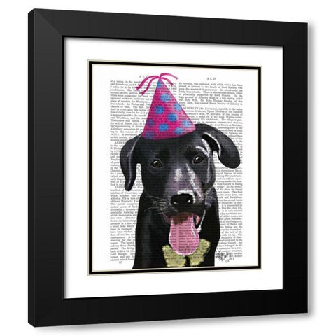 Black Labrador With Party Hat Black Modern Wood Framed Art Print with Double Matting by Fab Funky
