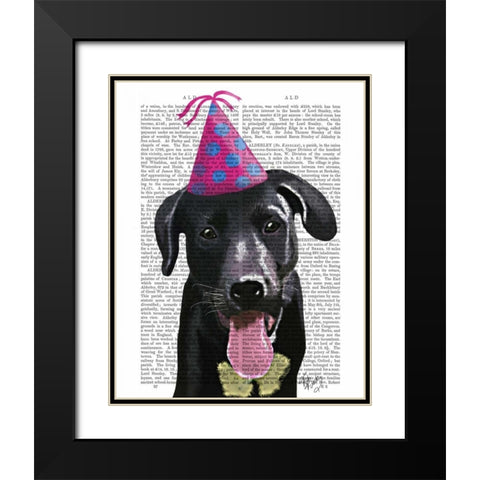 Black Labrador With Party Hat Black Modern Wood Framed Art Print with Double Matting by Fab Funky