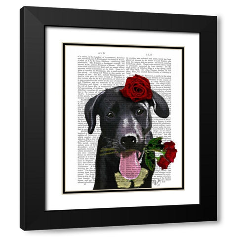 Black Labrador with Roses Black Modern Wood Framed Art Print with Double Matting by Fab Funky
