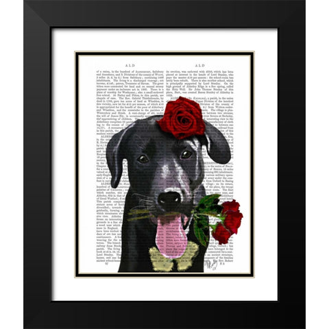Black Labrador with Roses Black Modern Wood Framed Art Print with Double Matting by Fab Funky