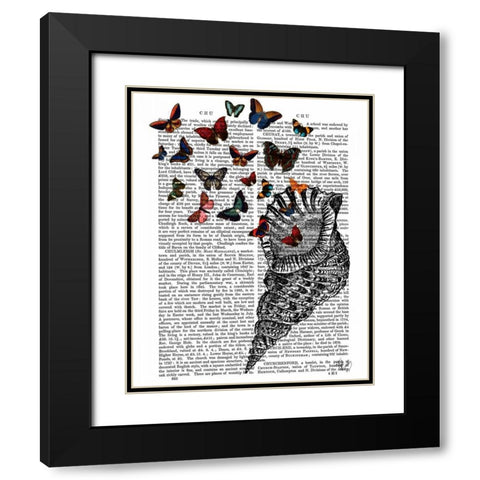 Conch Shell and Butterflies Black Modern Wood Framed Art Print with Double Matting by Fab Funky