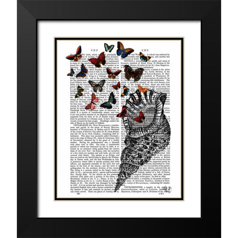 Conch Shell and Butterflies Black Modern Wood Framed Art Print with Double Matting by Fab Funky