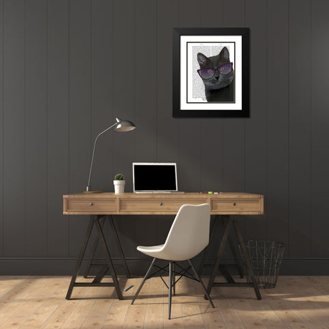 Black Cat with Sunglasses Black Modern Wood Framed Art Print with Double Matting by Fab Funky