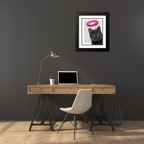 Black Cat With Pink Angel Halo Black Modern Wood Framed Art Print with Double Matting by Fab Funky
