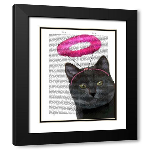 Black Cat With Pink Angel Halo Black Modern Wood Framed Art Print with Double Matting by Fab Funky