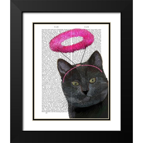 Black Cat With Pink Angel Halo Black Modern Wood Framed Art Print with Double Matting by Fab Funky