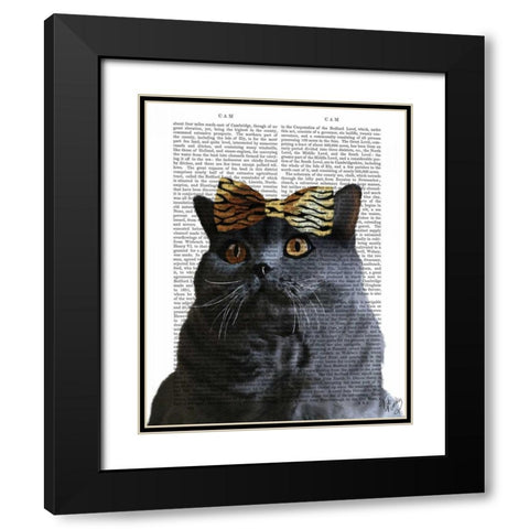 Grey Cat with Leopard Bow Black Modern Wood Framed Art Print with Double Matting by Fab Funky