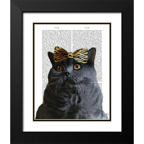 Grey Cat with Leopard Bow Black Modern Wood Framed Art Print with Double Matting by Fab Funky
