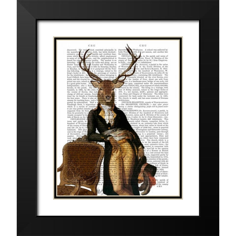 Deer and Chair Full Black Modern Wood Framed Art Print with Double Matting by Fab Funky