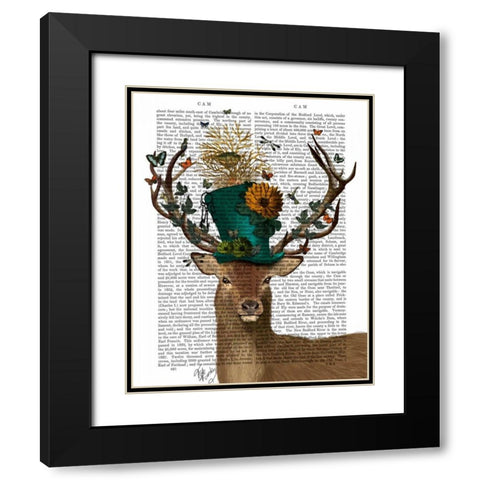 Mad Hatter Deer Black Modern Wood Framed Art Print with Double Matting by Fab Funky
