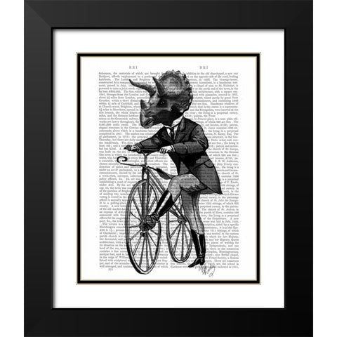 Triceratops Man on Bike Dinosaur Black Modern Wood Framed Art Print with Double Matting by Fab Funky