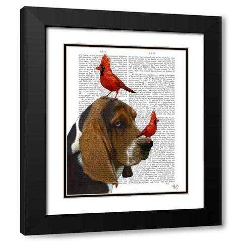 Basset Hound and Birds Black Modern Wood Framed Art Print with Double Matting by Fab Funky