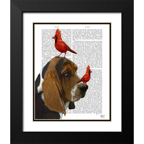 Basset Hound and Birds Black Modern Wood Framed Art Print with Double Matting by Fab Funky