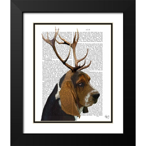 Basset Hound and Antlers Black Modern Wood Framed Art Print with Double Matting by Fab Funky