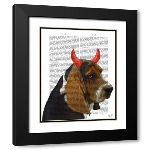Basset Hound and Devil Horns Black Modern Wood Framed Art Print with Double Matting by Fab Funky