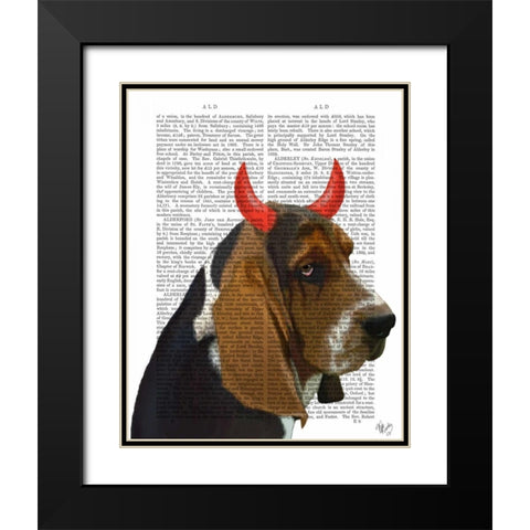 Basset Hound and Devil Horns Black Modern Wood Framed Art Print with Double Matting by Fab Funky