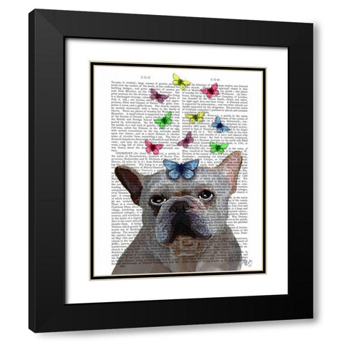 White French Bulldog and Butterflies Black Modern Wood Framed Art Print with Double Matting by Fab Funky