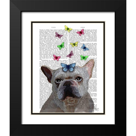 White French Bulldog and Butterflies Black Modern Wood Framed Art Print with Double Matting by Fab Funky