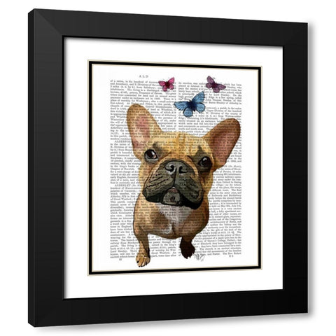 Brown French Bulldog and Butterflies Black Modern Wood Framed Art Print with Double Matting by Fab Funky