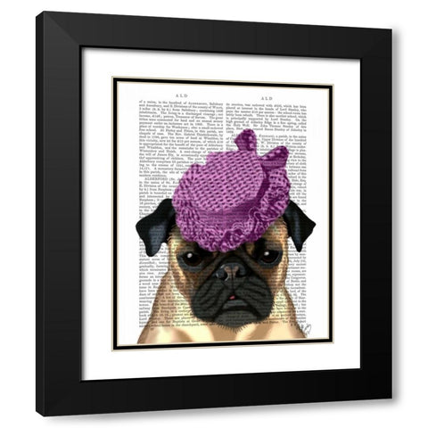 Pug with Vintage Purple Hat Black Modern Wood Framed Art Print with Double Matting by Fab Funky