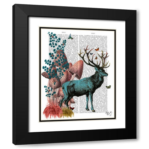 Turquoise Deer in Mushroom Forest Black Modern Wood Framed Art Print with Double Matting by Fab Funky