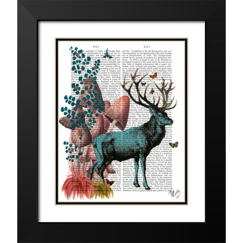 Turquoise Deer in Mushroom Forest Black Modern Wood Framed Art Print with Double Matting by Fab Funky