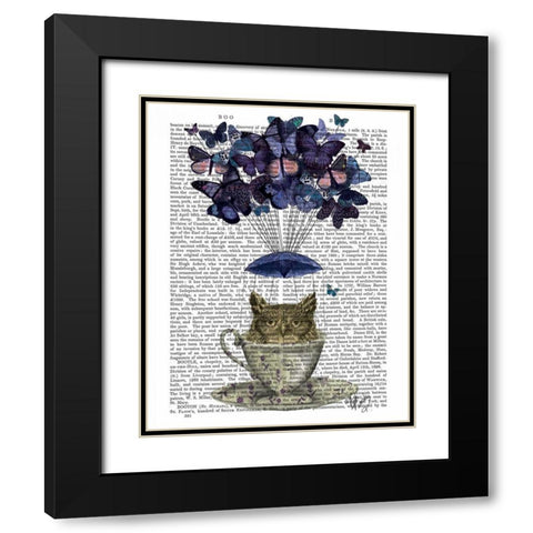 Owl In Teacup Black Modern Wood Framed Art Print with Double Matting by Fab Funky