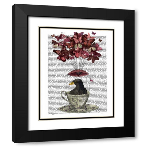 Blackbird In Teacup Black Modern Wood Framed Art Print with Double Matting by Fab Funky
