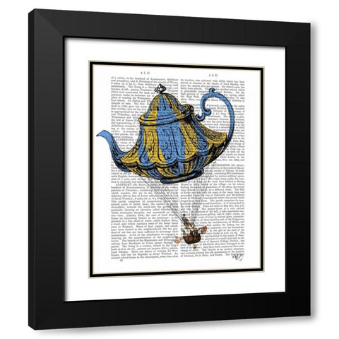 Flying Teapot 3 Blue and Yellow Black Modern Wood Framed Art Print with Double Matting by Fab Funky
