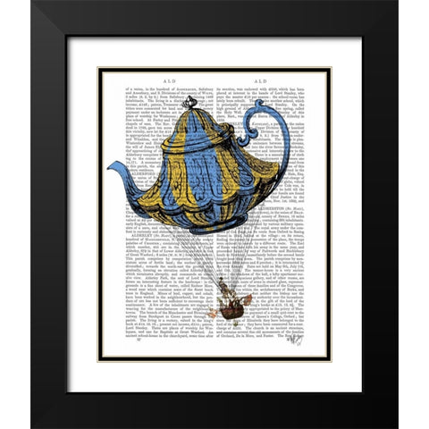 Flying Teapot 3 Blue and Yellow Black Modern Wood Framed Art Print with Double Matting by Fab Funky