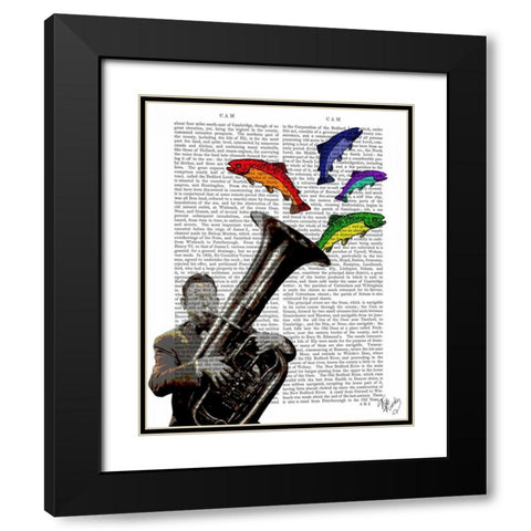 Tuba And Fish Black Modern Wood Framed Art Print with Double Matting by Fab Funky