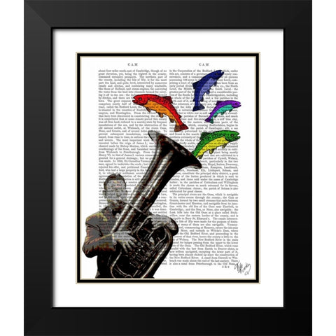 Tuba And Fish Black Modern Wood Framed Art Print with Double Matting by Fab Funky