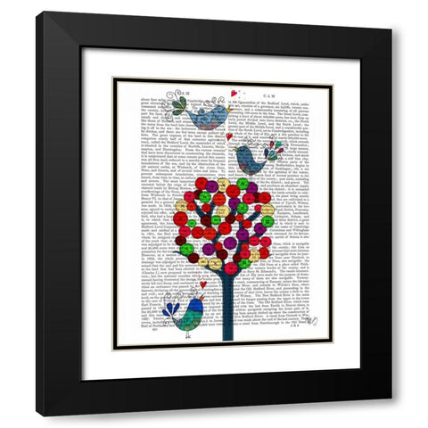 Button Tree and Birds Blue Black Modern Wood Framed Art Print with Double Matting by Fab Funky