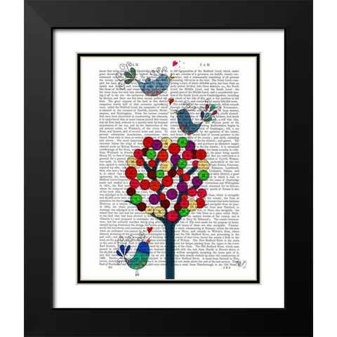 Button Tree and Birds Blue Black Modern Wood Framed Art Print with Double Matting by Fab Funky