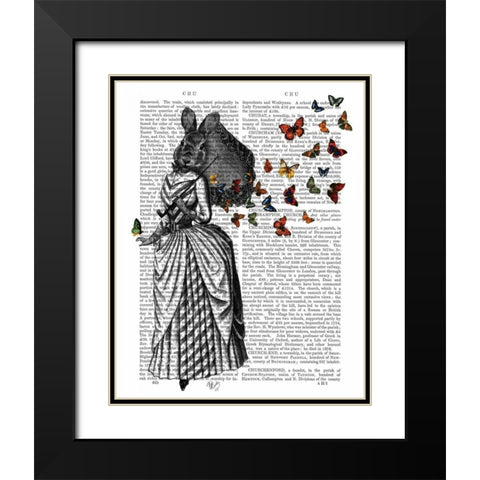 Rabbit and Butterfly Parasol Black Modern Wood Framed Art Print with Double Matting by Fab Funky