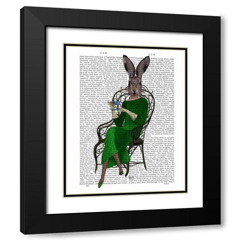 Lady Bella Rabbit Taking Tea Black Modern Wood Framed Art Print with Double Matting by Fab Funky
